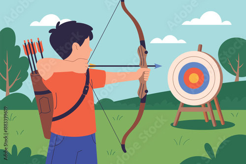 An archer aiming a bow and arrow toward a target outdoors with trees in the background, dynamic action scene vector illustration for rank titles, archery sports themes, competitive focus, accuracy 