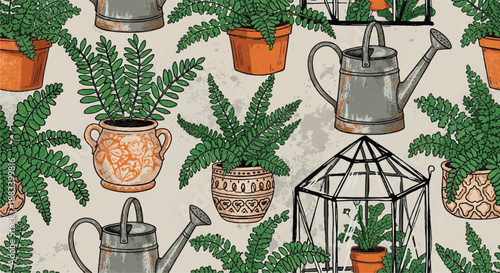 Vintage Greenhouse Garden Pattern with Ferns and Watering Cans Camera Angle: Flat Lay / Top-Down Seamless Perspective