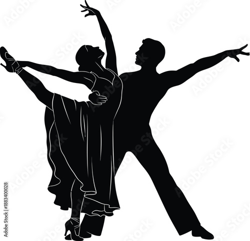 ballroom competition, performing stage couple dance silhouette on white background