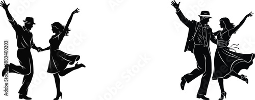 couple dancing jazz style lively pose silhouette on white background
