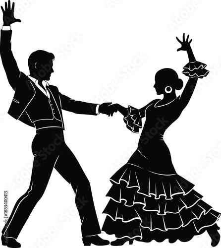 couple dancing flamenco silhouette on white background