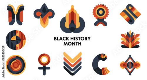 Vector illustrations of Black History Month elements featuring African American cultural patterns and designs on white background.