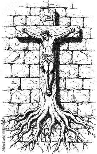 Jesus Christ on the Rooted Cross - Religious Symbolism of Crucifixion with Tree Roots and Stone Wall Background