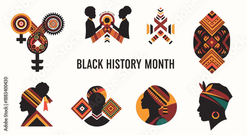 Vector illustrations of Black History Month elements featuring African American people and Indian patterns