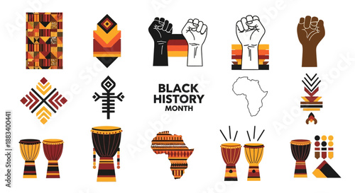 Vector illustrations of Black History Month elements including fists, African patterns, and drums to celebrate American Indian and black people.