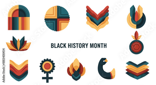 Colorful geometric illustrations celebrating Black History Month with diverse American cultural elements and Indian influences