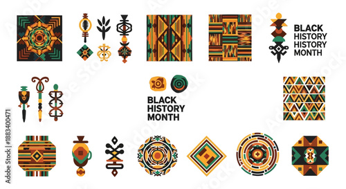 Vector illustrations of Black History Month elements featuring african american indian people and cultural symbols.
