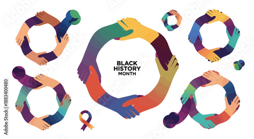 Vector illustration of diverse people hands forming circles for Black History Month in America with an Indian person and a black human.