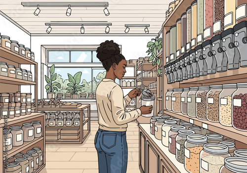 Woman filling jar with grains at sustainable zero waste grocery store