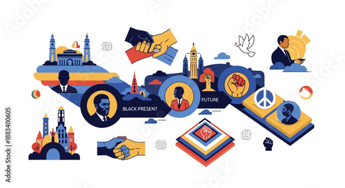 Vector illustrations of Black History Month elements featuring African American people and American landmarks with cultural symbols.