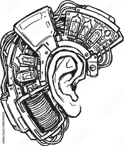 Cybernetic Ear Implant Illustration - Sci-Fi Mechanical Hearing Device with Vacuum Tubes and Wiring