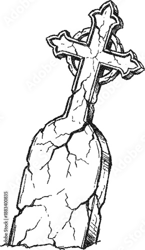 Weathered Celtic Cross Gravestone, Cracked Headstone  for Cemetery and Gothic Themes