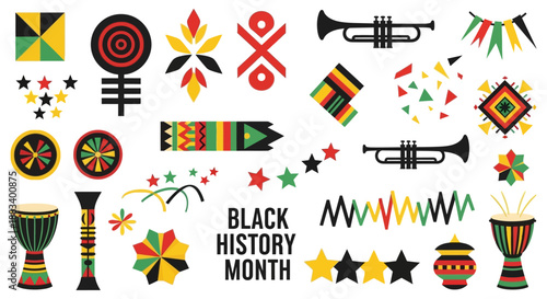 Vector illustrations of Black History Month elements, featuring African American cultural symbols and Indian influences.