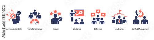 Leadership Skills web banner vector illustration featuring Communication Skills, Team Performance, Expert, Workshop, Difference, Leadership, and Conflict Management.