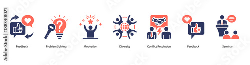 Workplace Motivation web banner vector illustration featuring Feedback, Problem Solving, Motivation, Diversity, Conflict Resolution, Feedback, and Seminar.