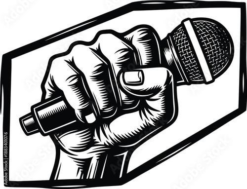 Vector  illustration of Hand clutching a microphone inside a frame isolated on transparent background