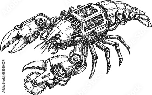 Mechanical Lobster Cyberpunk Robot - Steampunk Bio-mechanical Crustacean  