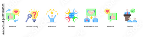 Workplace Motivation web banner vector illustration featuring Feedback, Problem Solving, Motivation, Diversity, Conflict Resolution, Feedback, and Seminar.