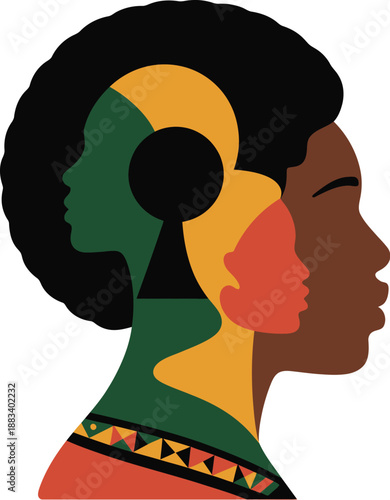 Diverse woman profile illustration with colorful african patterns isolated on transparent background.silhouette vector design