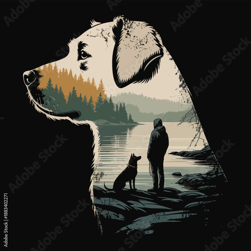 Serene silhouette of man and dog standing on rocky lake shore with forest landscape