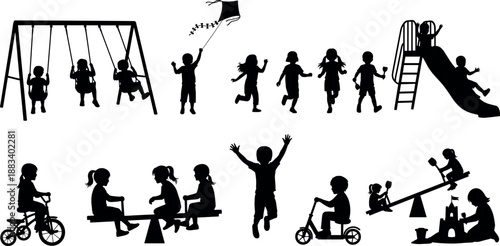 Children playground activity silhouettes set with swings slides cycling kite play, happy childhood outdoor recreation illustration black white