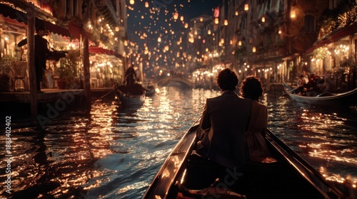 A couple on a gondola ride through the canals of Venice at night, with the city lights reflecting on the water and a musician playing nearby