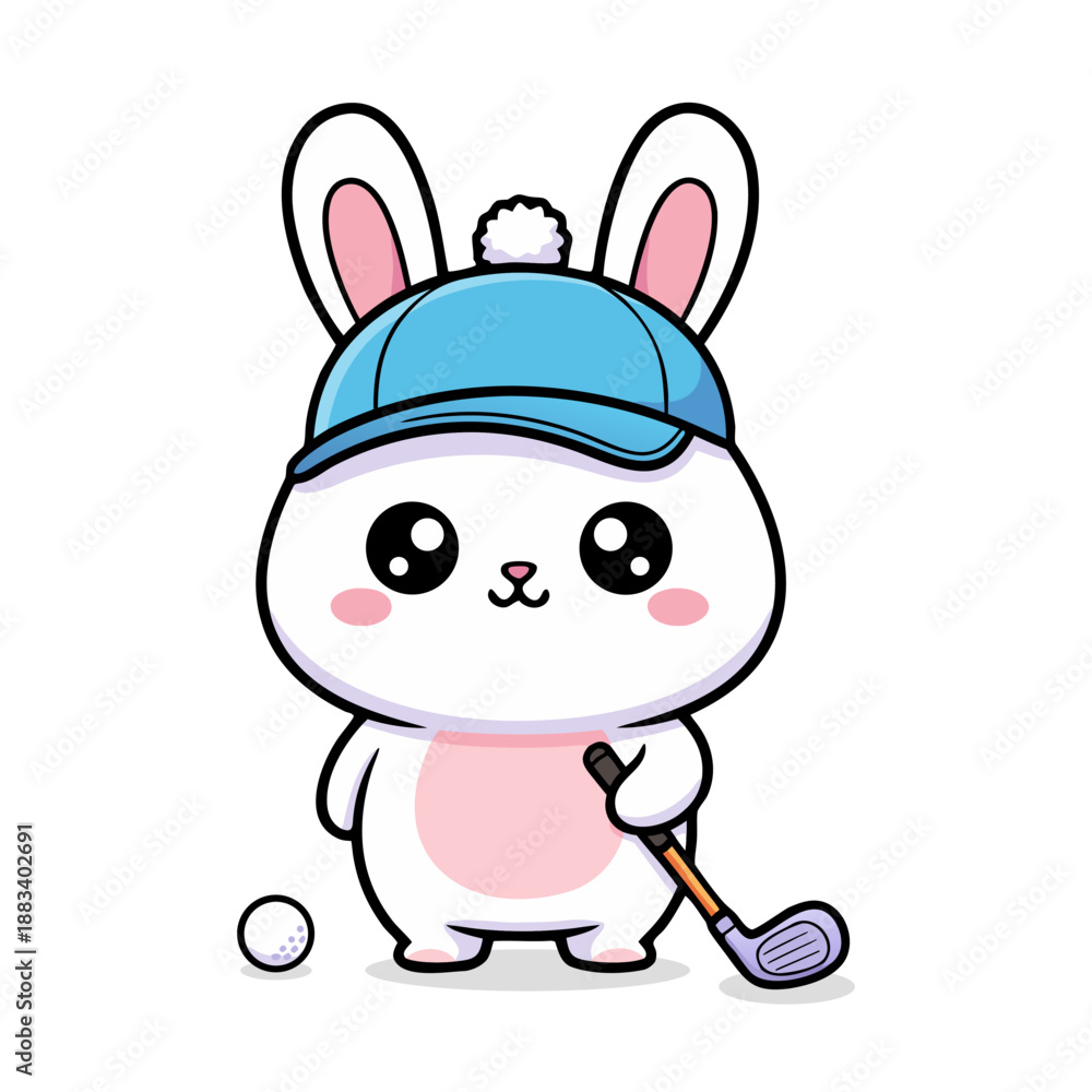 Obraz premium Cute Cartoon Rabbit Golf Player with Cap and Golf Club Illustration