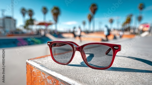 Dark red children's glasses resting on a smooth concrete surface at a vibrant skate park, with palm trees and skaters visible in the background under a clear blue sky