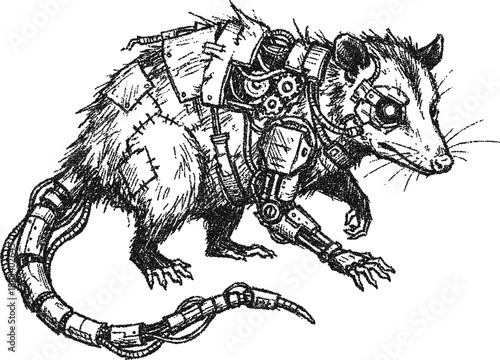 Stipple Cybernetic Steampunk Opossum - Bionic Marsupial Cyborg Sketch in Sci-Fi Style
