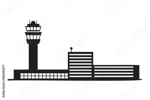 Airport Control Tower Silhouette in Modern Minimalist Style with Dramatic Black and White Lighting on Simple Flat Background for Travel Brochure