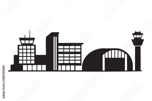 Airport Terminal Buildings Silhouette with Control Tower and Hangar in Dark Monochrome Flat Design for Transportation