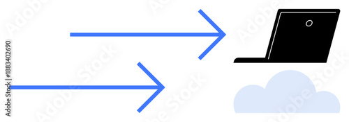 Cloud computing, data sharing, remote work, online backup, digital storage, file transfer. Blue arrows pointing to a laptop and a cloud icon. Cloud computing and data sharing concept