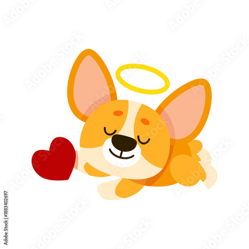 Sweet Corgi Puppy Angel Holding a Red Heart