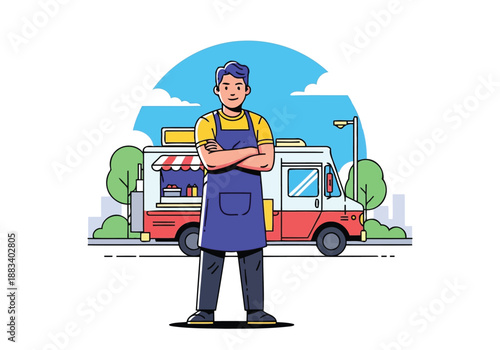 Friendly young food truck employee standing with arms crossed vector