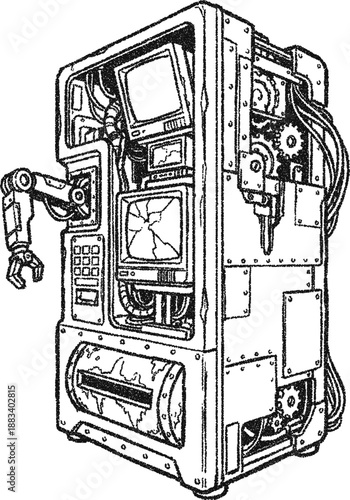 Stipple Retro Futuristic Industrial Machine - Cyberpunk Robotic Console with Monitors and Gears