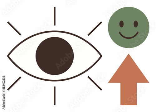 Vision concepts, positive thinking, goals, success, graphic design, personal development. Eye with sun rays, smiling green face and upward arrow. Vision and positivity imagery concept