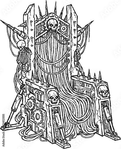 Stipple Dark Gothic Biomechanical Throne - Cyberpunk Grimdark Sci-Fi Concept 