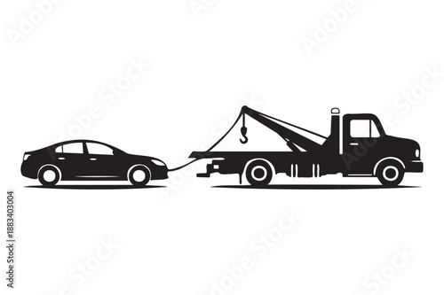 Tow Truck Towing Broken Car in Simple Monochrome Silhouette on White Background for Roadside Assistance