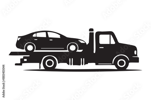 Tow Truck with Car in Silhouette Style on White Background with Dramatic Lighting for Automotive Industry
