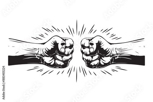Clenched Fists Collision in Dynamic Illustration with High Contrast Black and White for Conflict Symbol