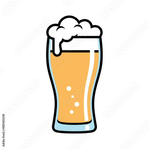Flat beer glass illustration with golden beer and foam, simple vector isolated on white background.