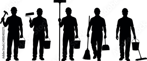 Cleaning worker silhouettes holding tools buckets, janitor maintenance staff lineup, professional sanitation service illustration black white