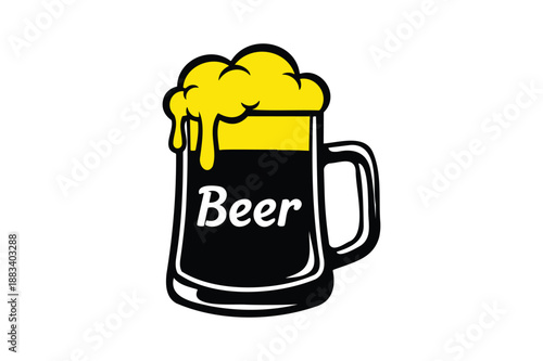 Beer Mug Illustration with Foam in Simple Line Art Style on White Background for Beverage Advertising