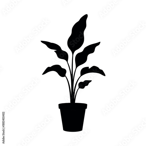 Black silhouette of a tall potted plant with long leaves, clean vector isolated on white background.