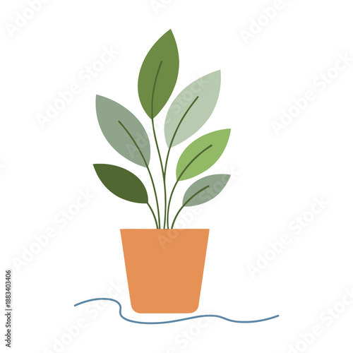 Minimal flat illustration of a modern potted plant with soft green leaves, clean vector isolated on white background.