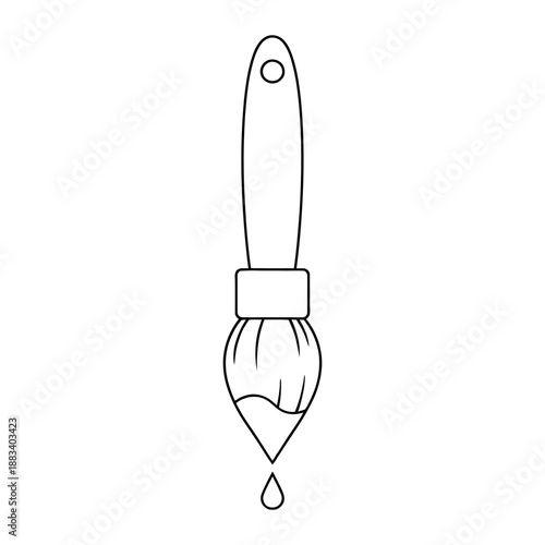 Black outline illustration of a paintbrush with dripping paint, clean line art vector isolated on white background.