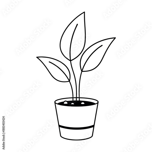 Black outline illustration of a small potted plant with leaves, clean line art vector isolated on white background.