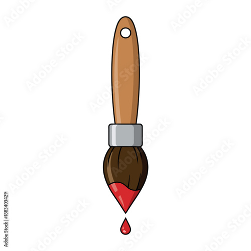Flat vector illustration of a paintbrush with red paint dripping from the bristles, isolated on white background.