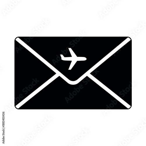 Black silhouette of an air mail envelope with airplane symbol, minimal vector isolated on white background.