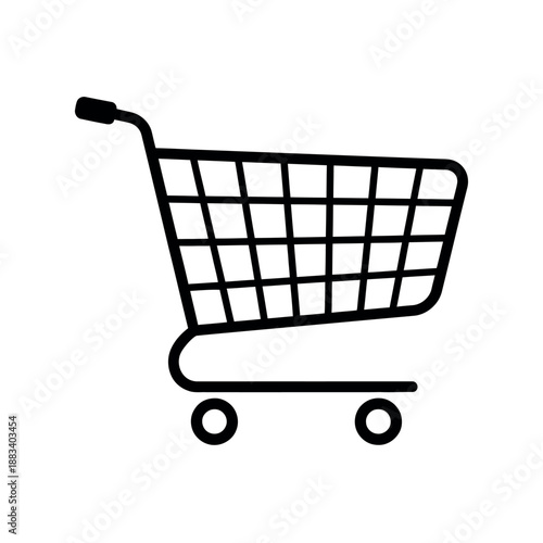 Black outline shopping cart icon with angled handle and grid basket, simple vector isolated on white background.